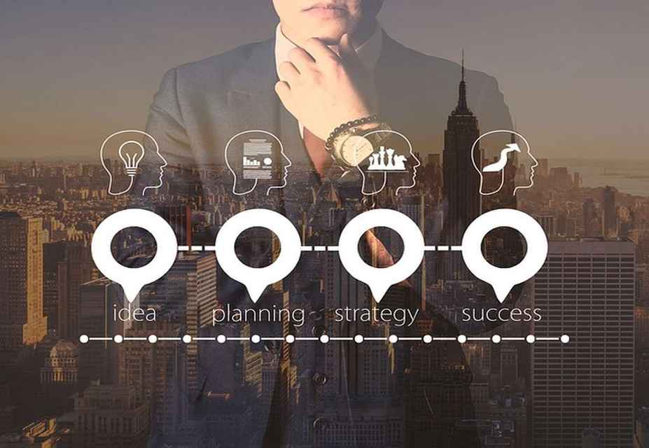 Businessperson in suit with a milwaukee, Wisconsin skyline, icons representing idea, planning, web design pricing, and success superimposed on the image.