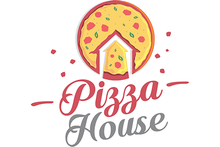 Logo of Pizza House featuring a pizza slice in the shape of a house roof above the text Pizza House, reminiscent of custom email designs that creatively blend functionality and aesthetics.