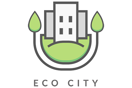 A logo featuring a tall white building flanked by green leaves, with ECO CITY written below, exemplifies sustainability—much like custom email designs that harmonize your brand's message.