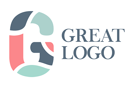 A logo with the text GREAT LOGO in blue, next to a multicolored abstract shape composed of navy blue, mint green, and coral segments, perfect for brands seeking Custom Email Designs.