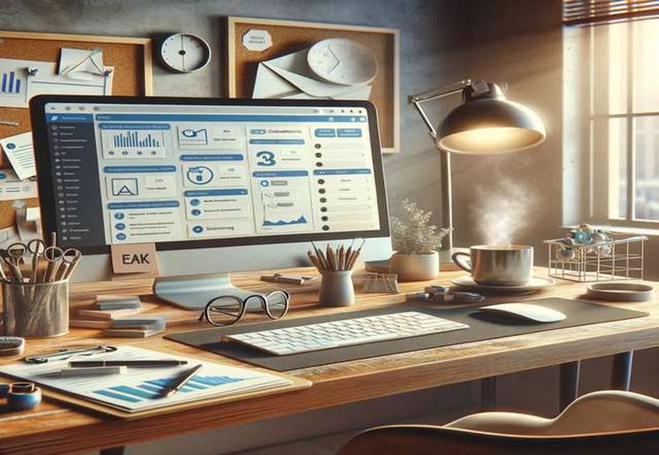 A cluttered office desk with a large computer displaying data analytics on the screen, helping enhance the effectiveness of your email campaigns. Various office supplies, a steaming cup of coffee, and a lamp are also present. Sunlight filters through the blinds.