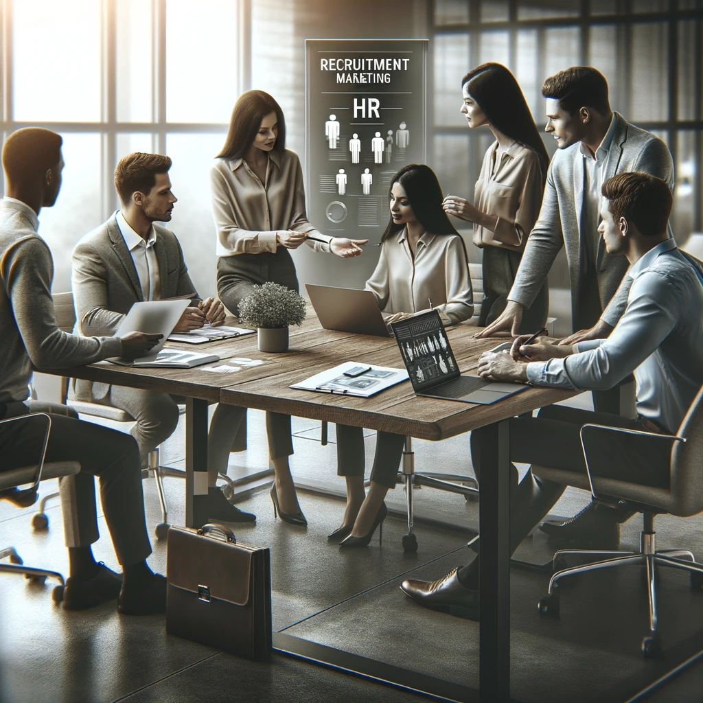 A group of professionals is having a meeting around a table with laptops and documents in an office setting. A diagram labeled Recruitment Marketing HR is displayed on a board in the background, highlighting strategies like job advertisement optimization to enhance their employer branding techniques.