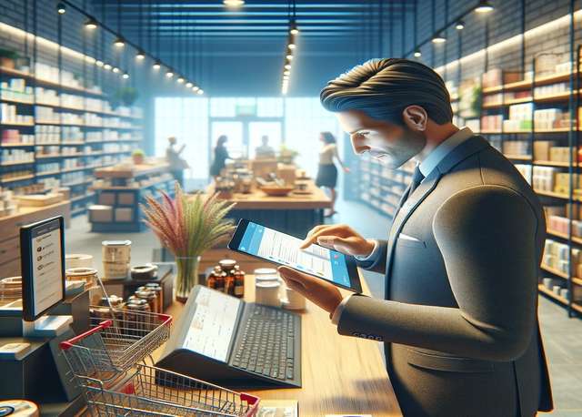 A person in a suit uses a tablet in a modern, well-lit store with shelves full of products and a checkout area in the foreground.