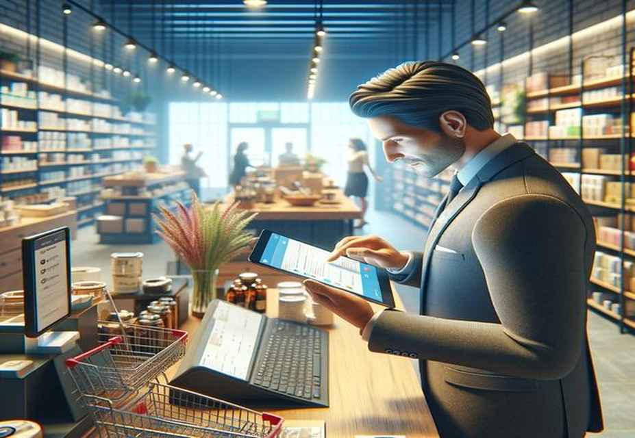 A man in a suit uses a tablet while standing at a wooden counter in a modern supermarket. Shelves filled with various products line the background. Shopping carts are in the foreground, and he's reviewing Email Analytics & Reporting tools tailored for small businesses.