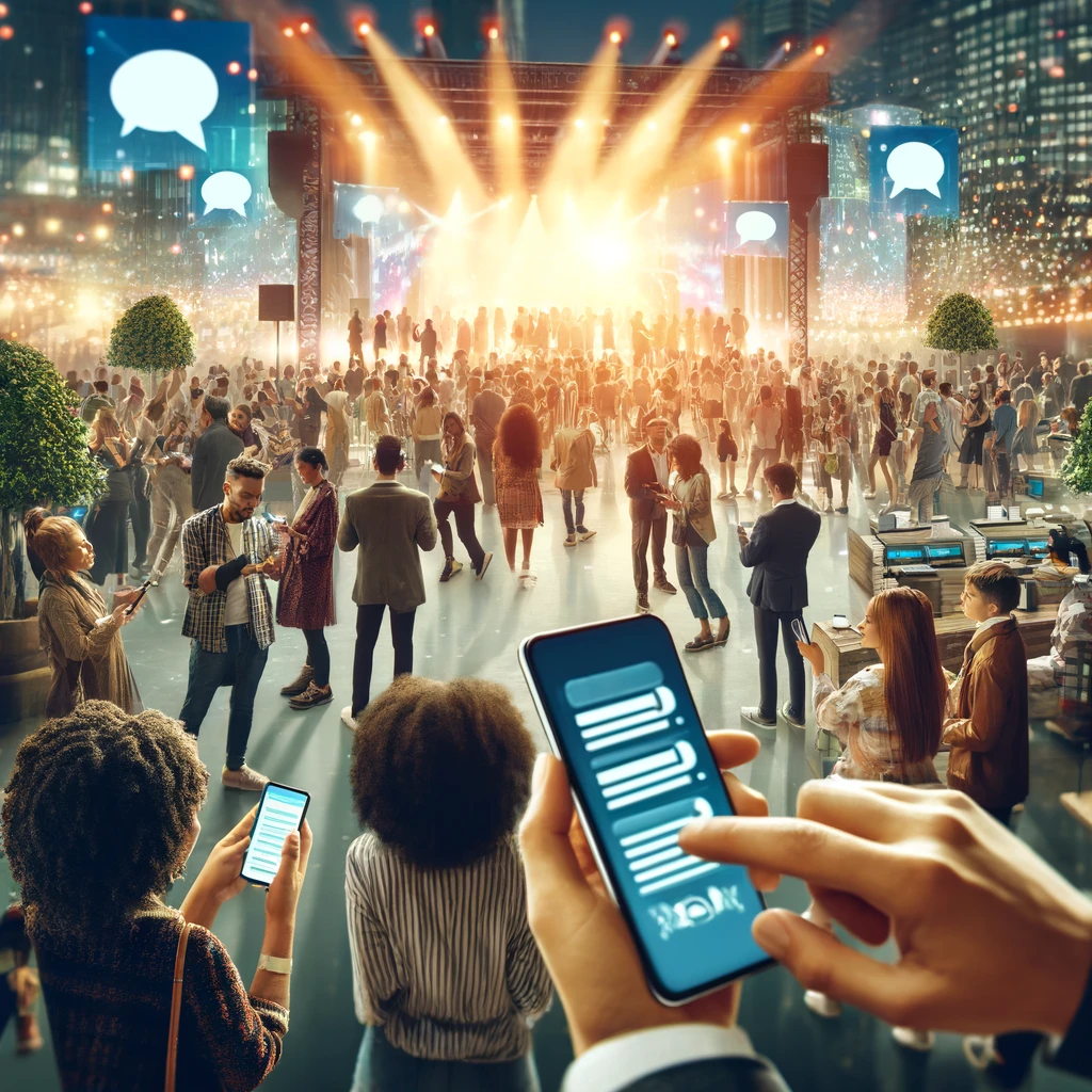 A large crowd at an outdoor event, with many people holding and using smartphones while background speakers and lights illuminate a stage. Speech bubbles float above some conversations, showcasing high audience engagement through interactive marketing activities.