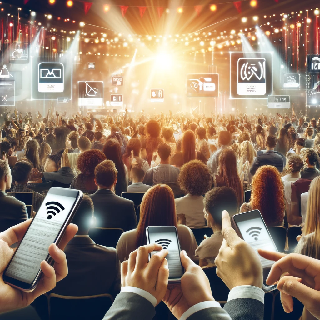 A large crowd at a concert, with many attendees holding smartphones displaying Wi-Fi symbols. The stage is brightly lit with screens showing various icons and images, enhancing audience engagement through real-time communication.