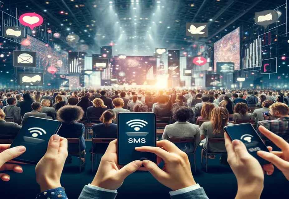 A large audience is seated in an event hall, with people holding smartphones displaying SMS and WiFi symbols. Digital icons like email and social media appear above the crowd, highlighting SMS Marketing Strategies to boost Customer Engagement.