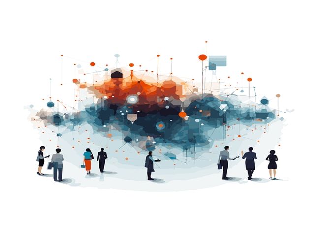 Illustration of people standing and interacting in front of a colorful, abstract network of connected nodes and lines, embodying the dynamics of workforce development.