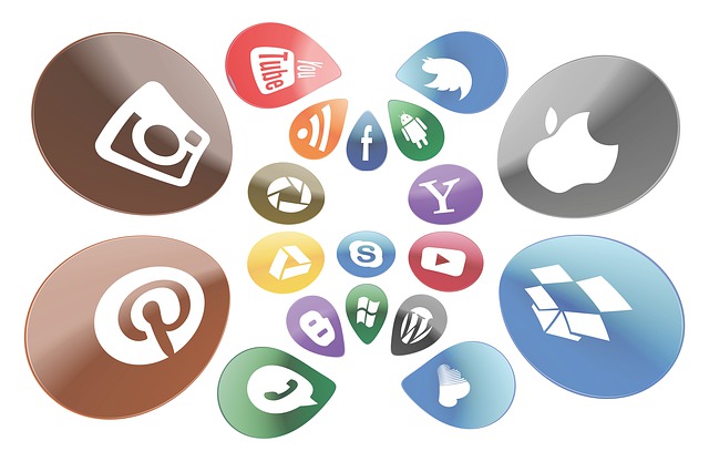 A collage of various social media and tech company logos on oval shapes, including Instagram, YouTube, Facebook, Twitter, Apple, Pinterest, Dropbox, and others, with reflective surfaces.