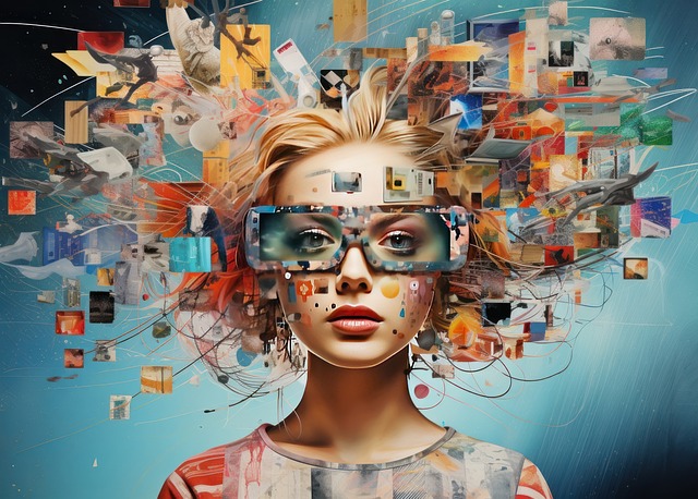 A woman wearing futuristic glasses with various digital images and icons surrounding her head, depicting a blend of technology and imagination, embodies the essence of innovative digital marketing for startups.