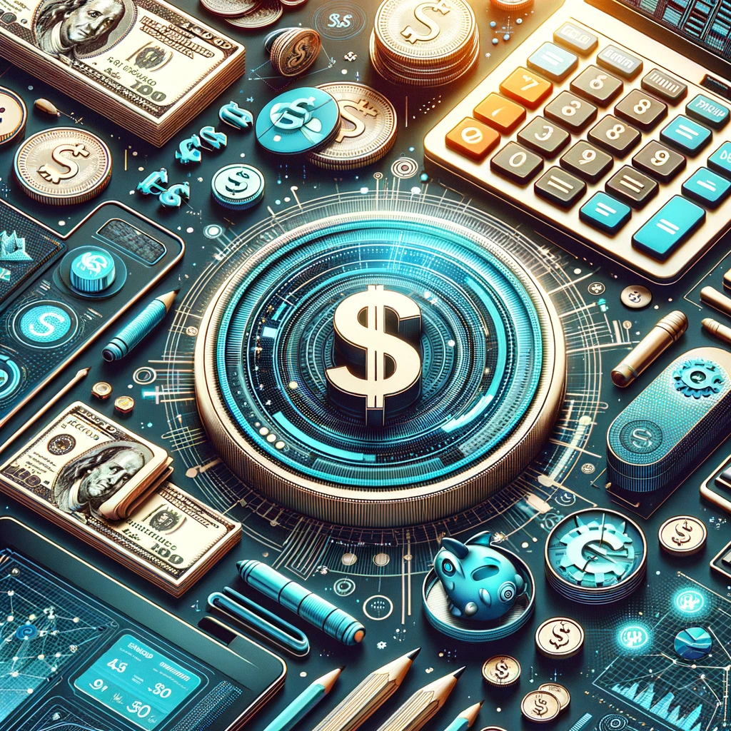 A futuristic, digital-themed layout features a central glowing dollar symbol surrounded by various currency signs, coins, bills, and financial technology icons, showcasing our Custom Web Solutions. The design integrates seamlessly with a calculator and highlights Responsive Design elements.