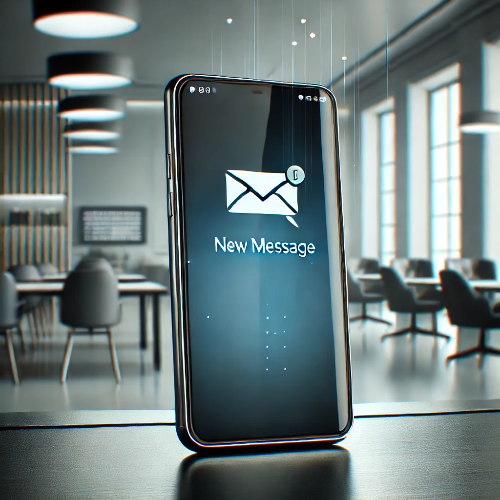 A smartphone on a table displays a New Message notification in a modern office with chairs and tables in the background, hinting at insights from marketing analytics.