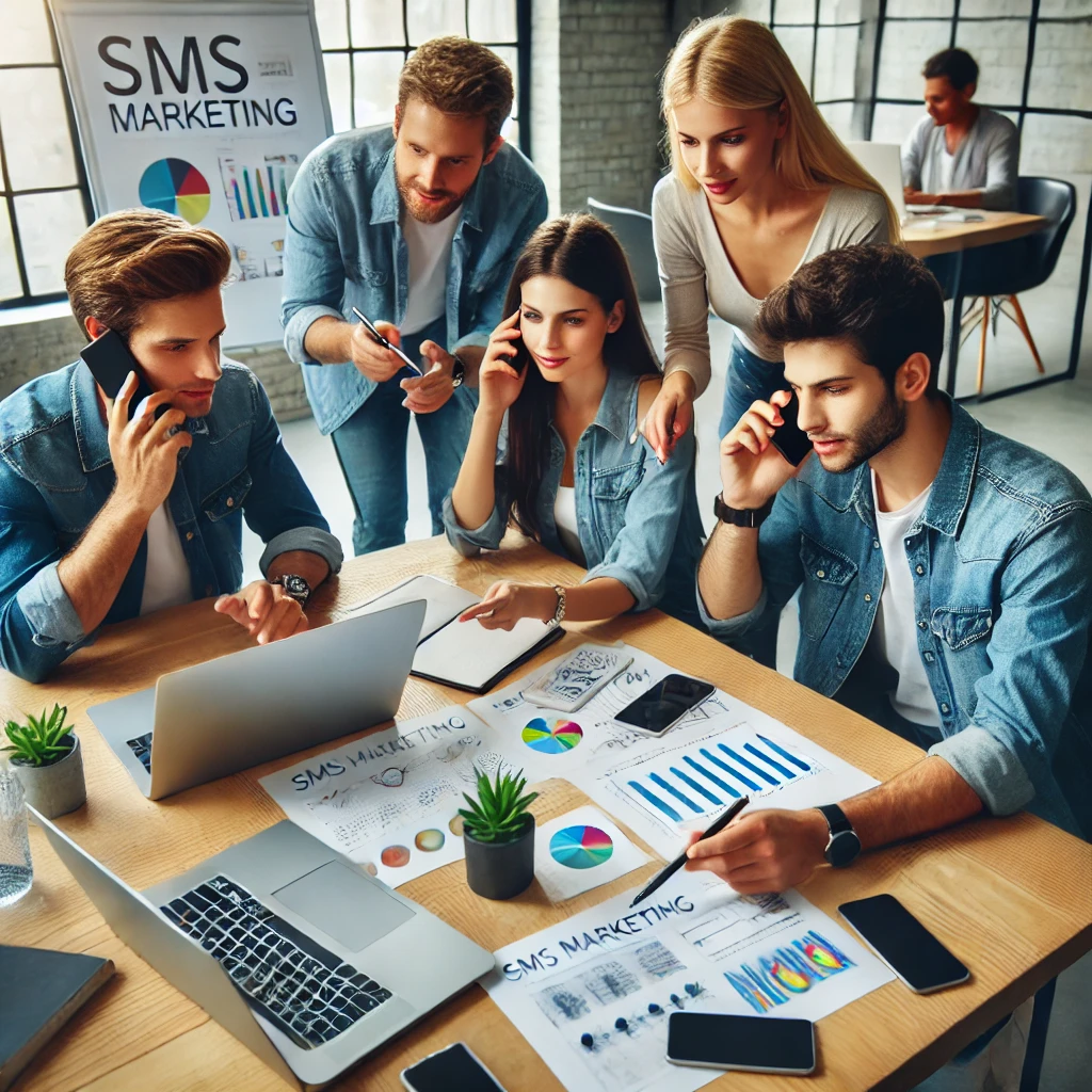 Five people in denim outfits are gathered around a table covered with SMS Marketing charts, graphs, and devices. Some are on phones, while others are looking at a laptop discussing SMS conversion rates and marketing analytics.